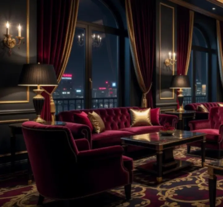 Elegáns, sötét tónusú lounge enteriőr arany fényekkel