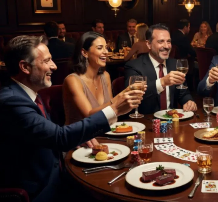 Vendégek pókerasztal körül, fine dining ételekkel