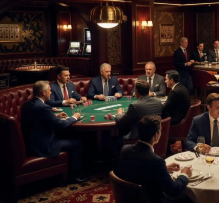Cinematic hangulatú étterem és pókerasztalok, elegáns vendégekkel