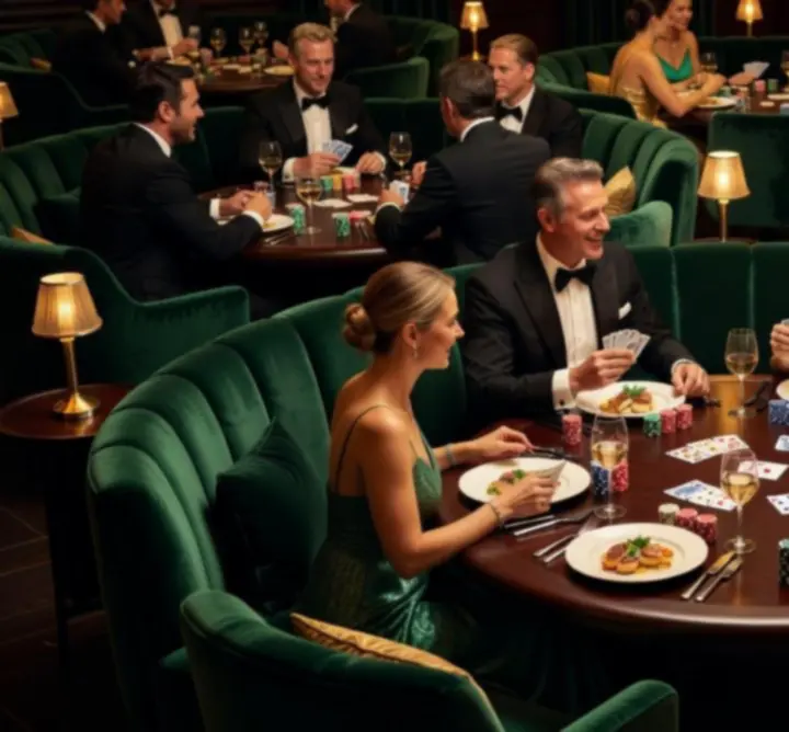 Hangulatos, sötét tónusú étterem és póker lounge, elegáns vacsorával és zsetonokkal megterítve.